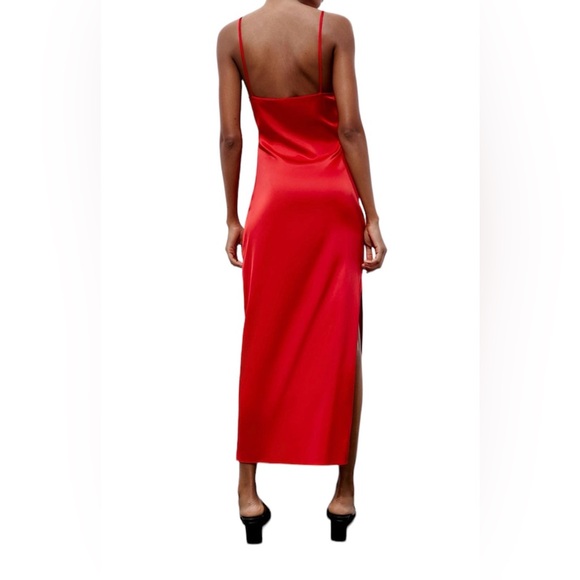 Zara New Womens Red Tied Satin Effect Midi Dress XS Open Back Slit, Lining, Zip - Picture 8 of 8